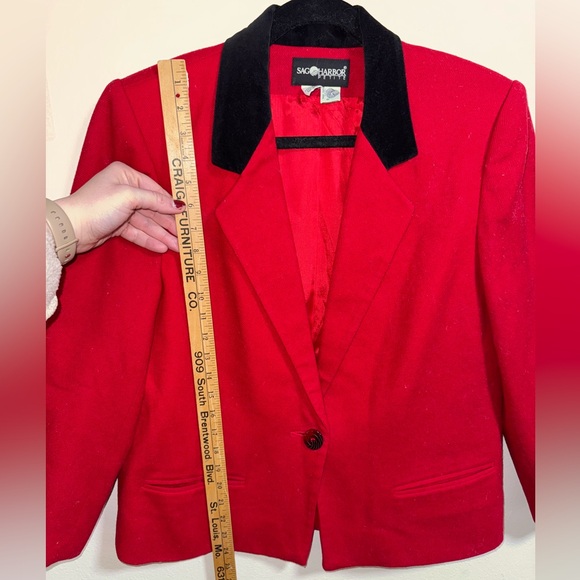 Sag Harbor Petite Red Wool Blazer Velvet Collar Shoulder Pads Size 10P - Picture 3 of 9